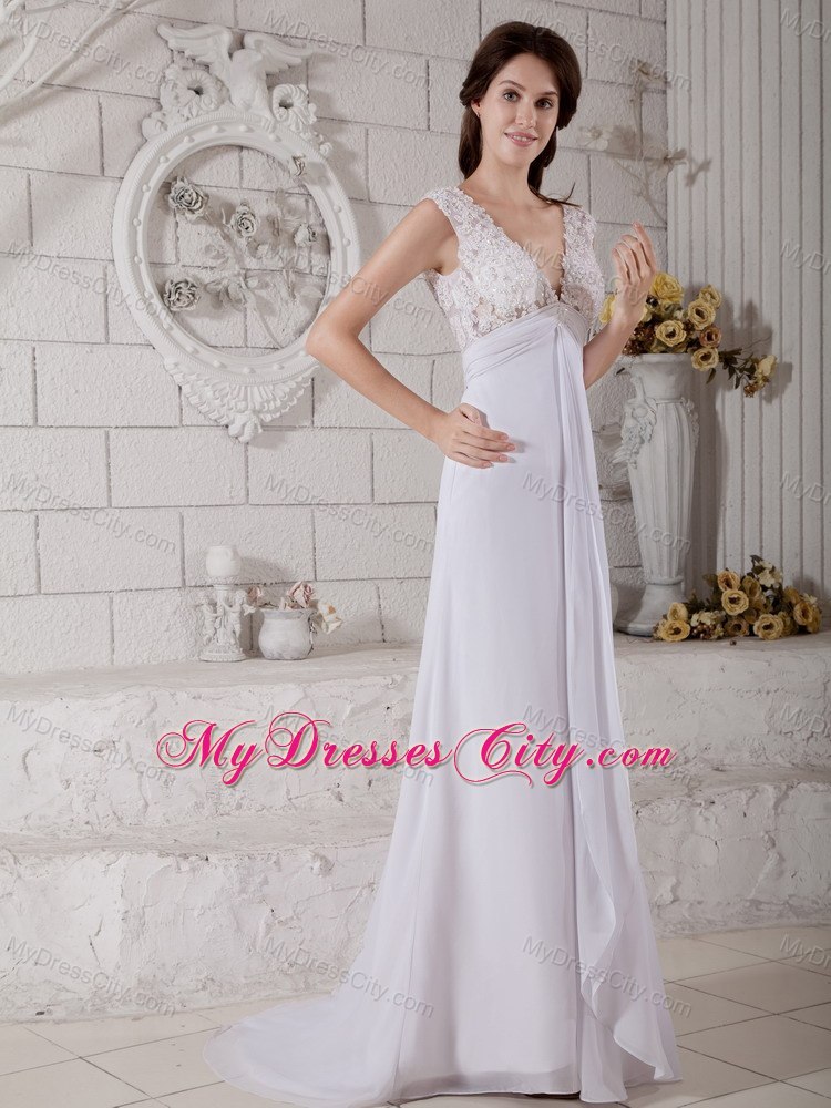 Simple V-neck Empire Chiffon and Lace Wedding Reception Dress with Train