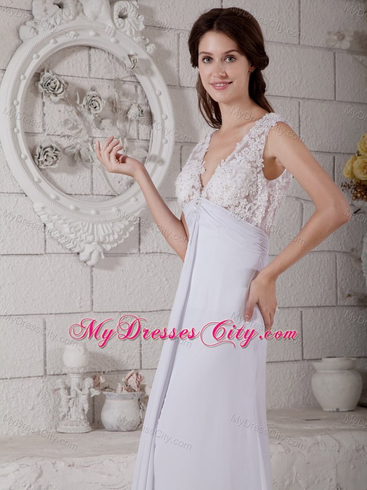 Simple V-neck Empire Chiffon and Lace Wedding Reception Dress with Train