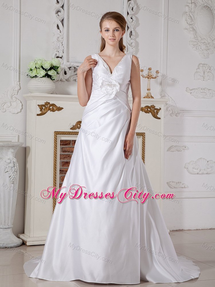 Long A-line Court Train Hand Made Flowers V-neck Wedding Gown