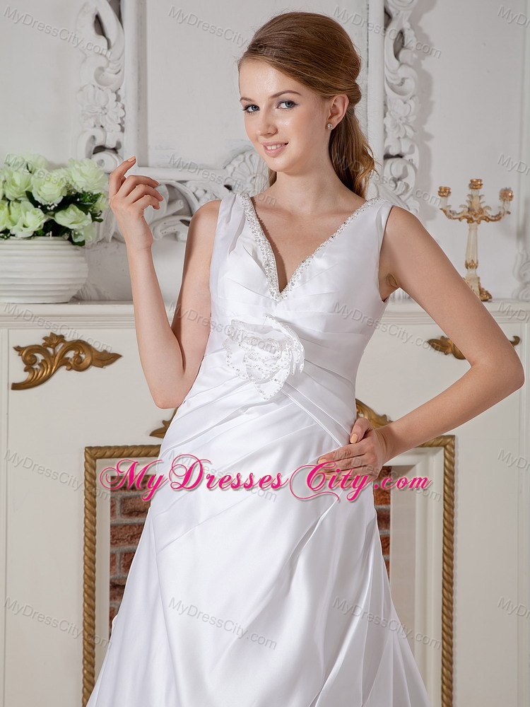 Long A-line Court Train Hand Made Flowers V-neck Wedding Gown