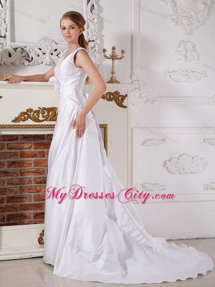 Long A-line Court Train Hand Made Flowers V-neck Wedding Gown