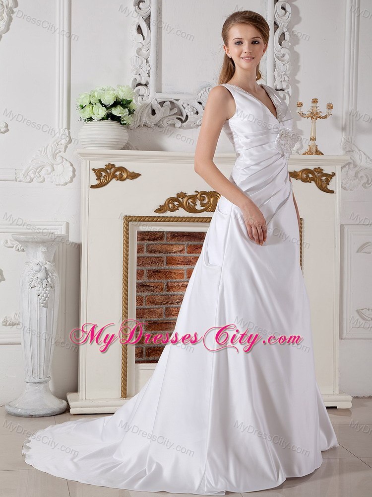 Long A-line Court Train Hand Made Flowers V-neck Wedding Gown