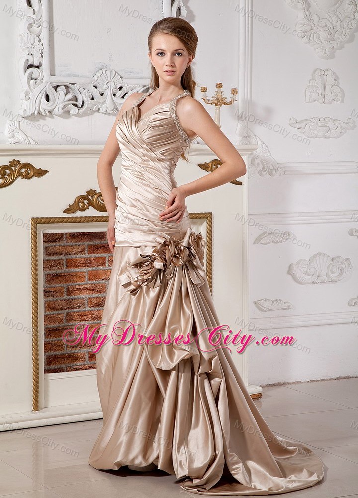 Champagne Mermaid Halter Hand Made Flowers Wedding Dress with Train