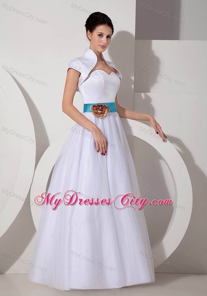 Popular A-line Sweetheart Floor-length Wedding Dress with Sash and Flower