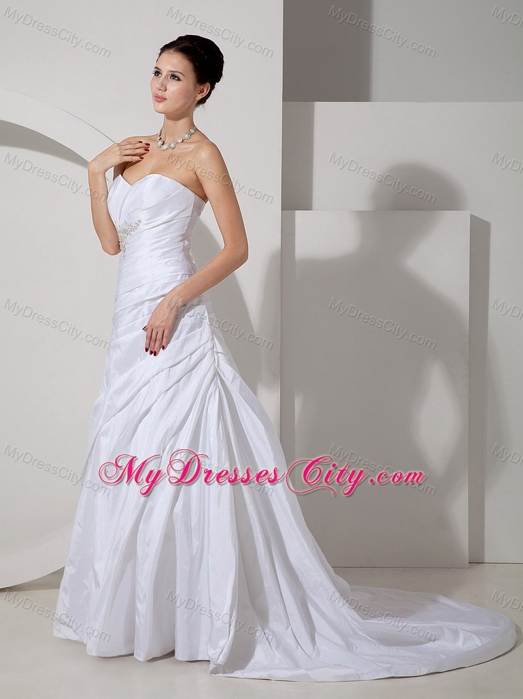 Modern A-line Sweetheart Appliques and Ruches Wedding Dress with Train