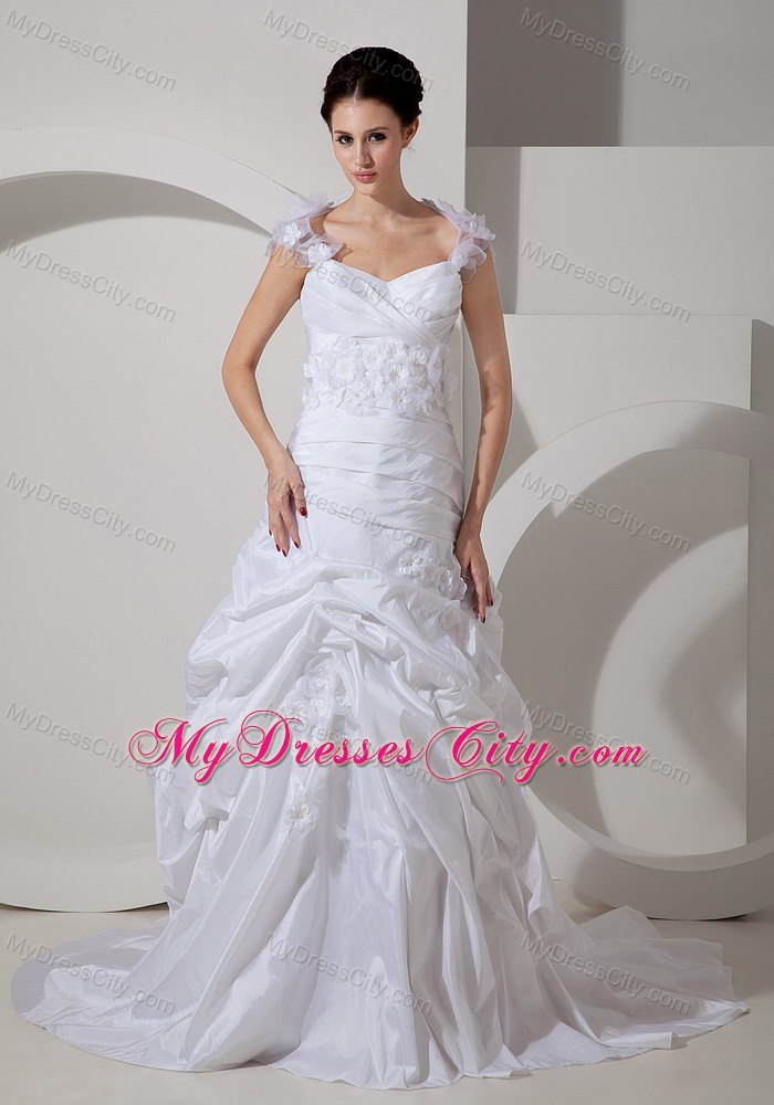 Court Train Square A-line Bridal Gowns with Hand Made Flowers Staps