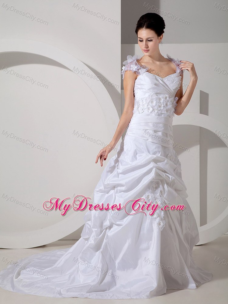 Court Train Square A-line Bridal Gowns with Hand Made Flowers Staps