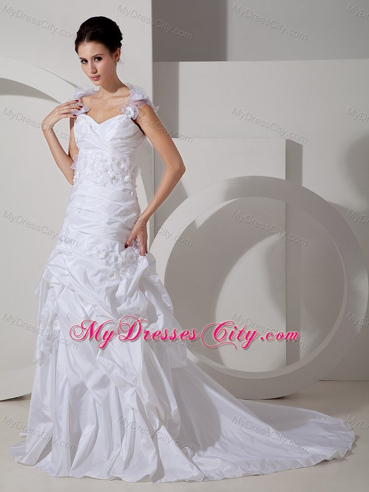 Court Train Square A-line Bridal Gowns with Hand Made Flowers Staps