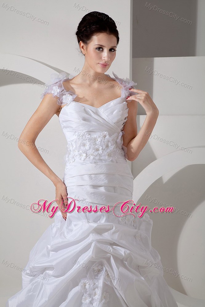 Court Train Square A-line Bridal Gowns with Hand Made Flowers Staps