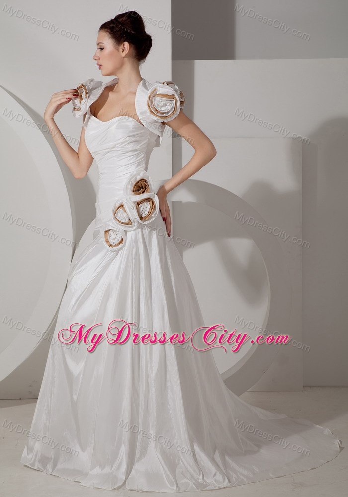 A-line Sweetheart Ruched Handmade Flower Wedding Dress with Court Train