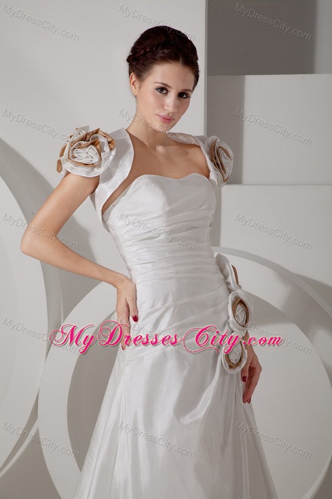 A-line Sweetheart Ruched Handmade Flower Wedding Dress with Court Train