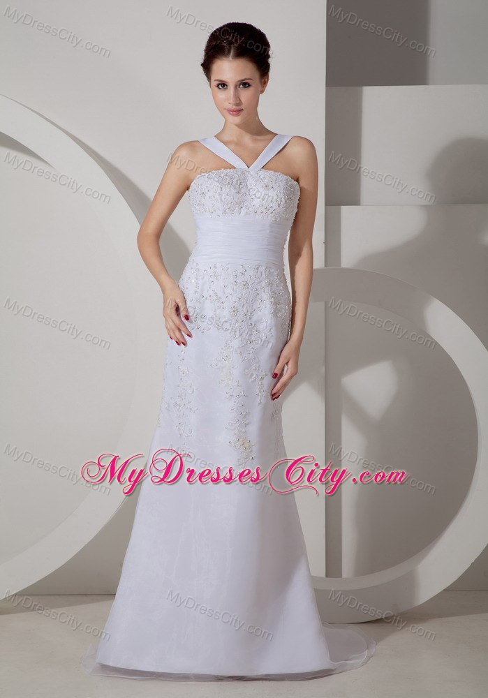 Hot Slinky V-neck Appliques White Chiffon Bridal Dress with Brush Train