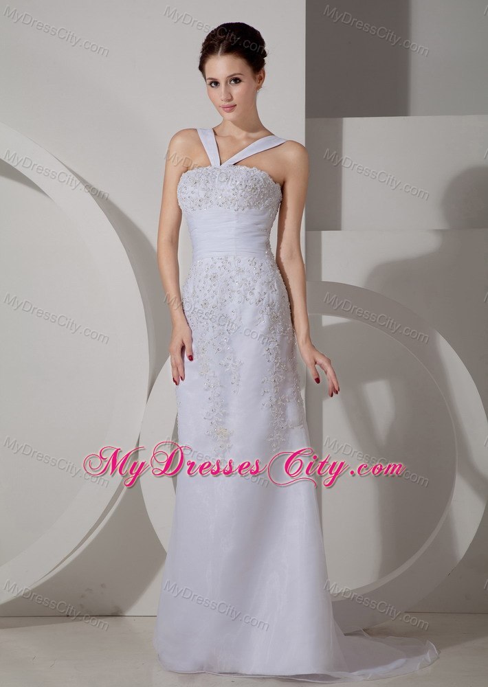 Hot Slinky V-neck Appliques White Chiffon Bridal Dress with Brush Train