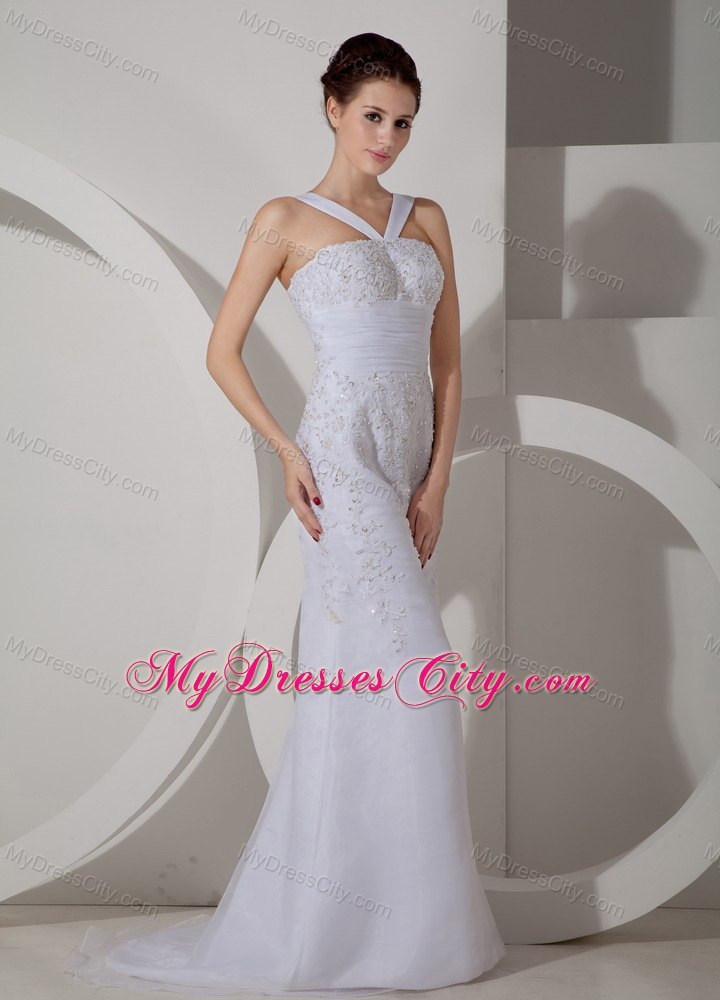 Hot Slinky V-neck Appliques White Chiffon Bridal Dress with Brush Train