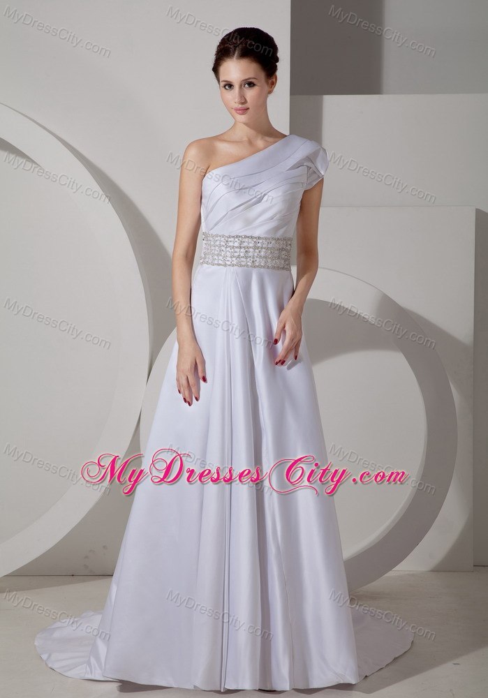 Unique A-line One Shoulder Court Train Wedding Dress with Beaded Belt