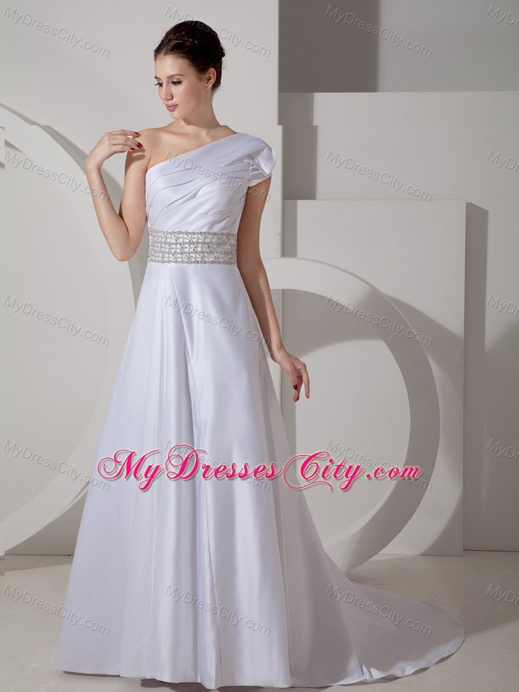 Unique A-line One Shoulder Court Train Wedding Dress with Beaded Belt