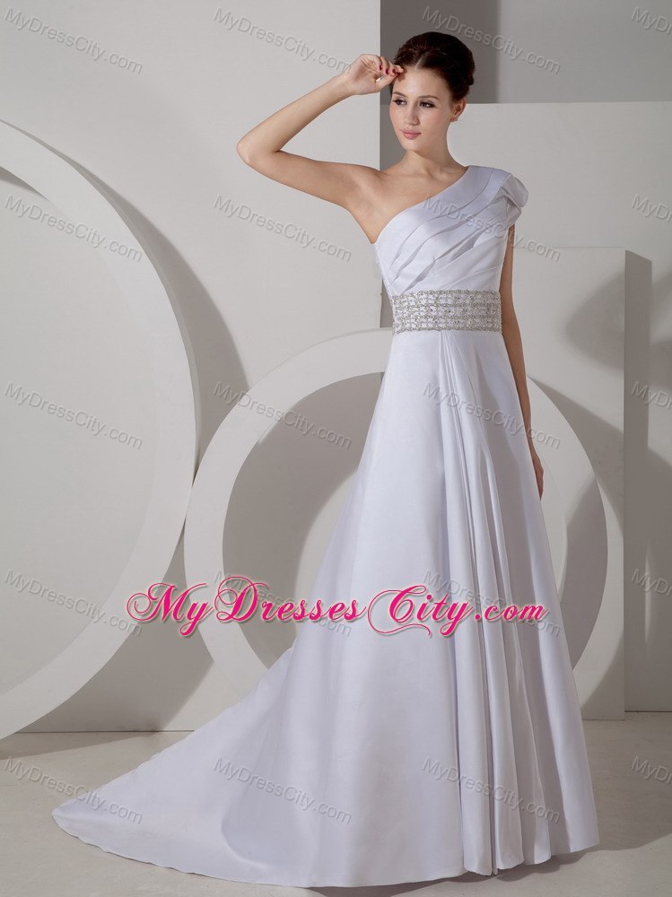 Unique A-line One Shoulder Court Train Wedding Dress with Beaded Belt