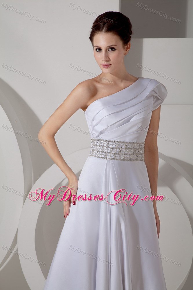 Unique A-line One Shoulder Court Train Wedding Dress with Beaded Belt