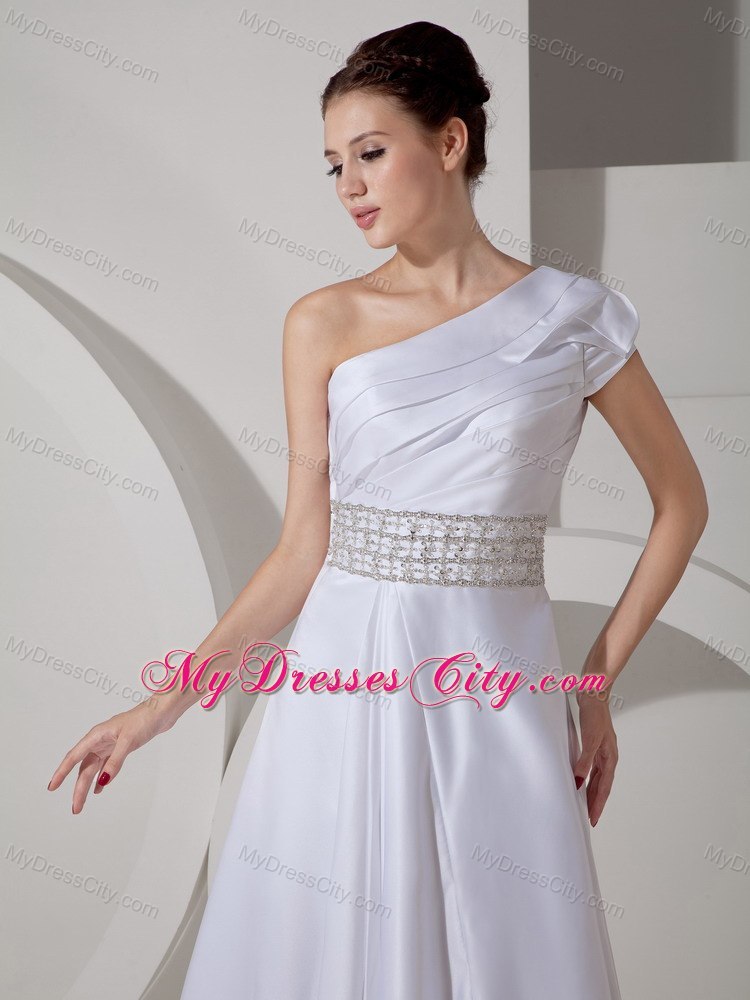 Unique A-line One Shoulder Court Train Wedding Dress with Beaded Belt