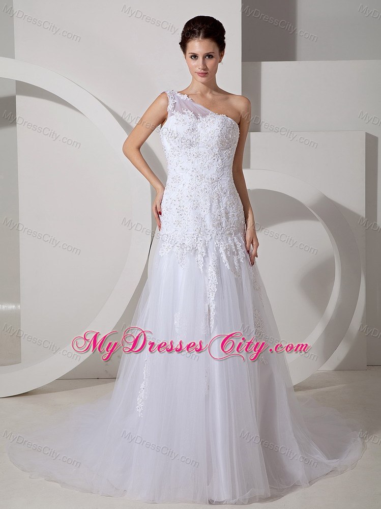 Lovely A-line Court Train Tulle and Lace Bridal Gowns with Single Shoulder