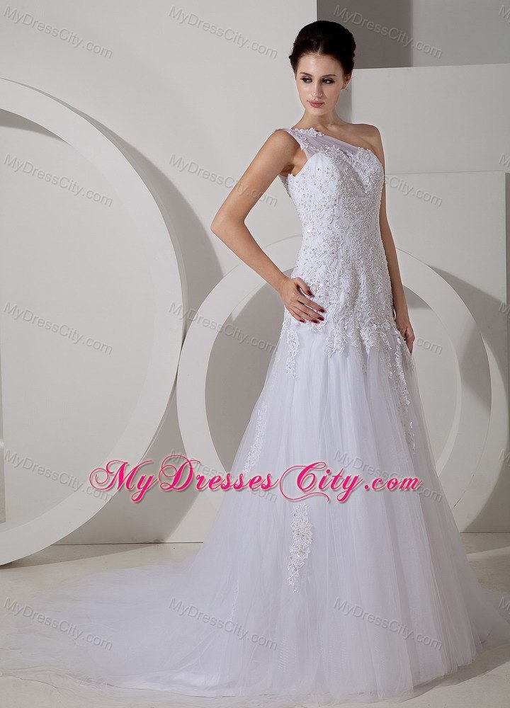 Lovely A-line Court Train Tulle and Lace Bridal Gowns with Single Shoulder