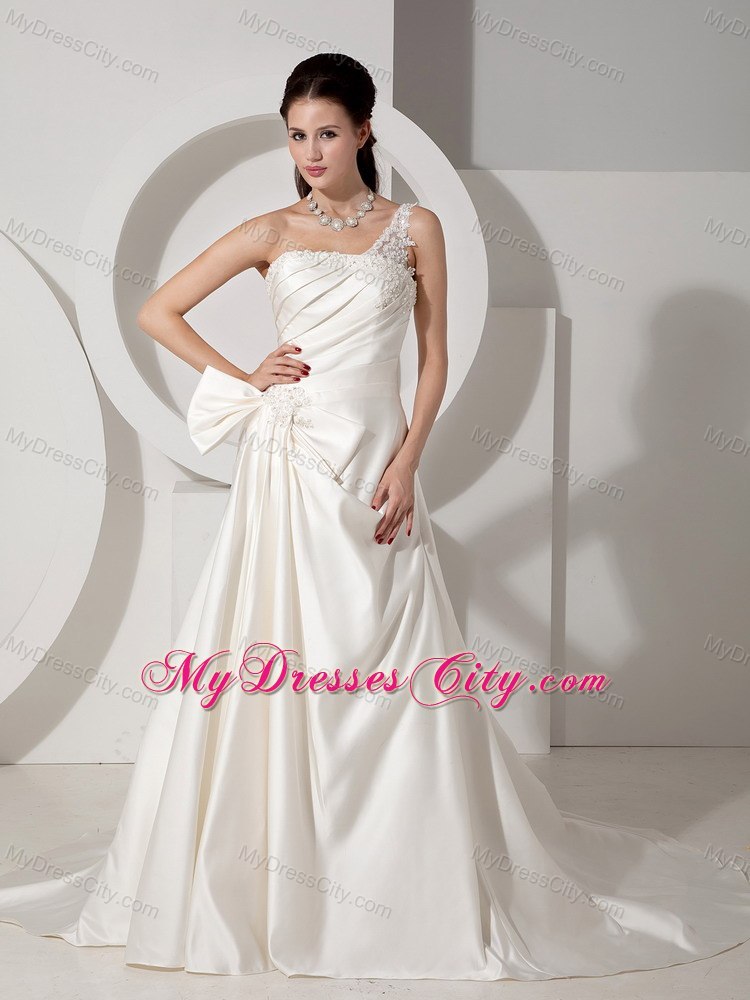 A-line Court Train Appliques and Ruching Wedding Dress with One Shoulder