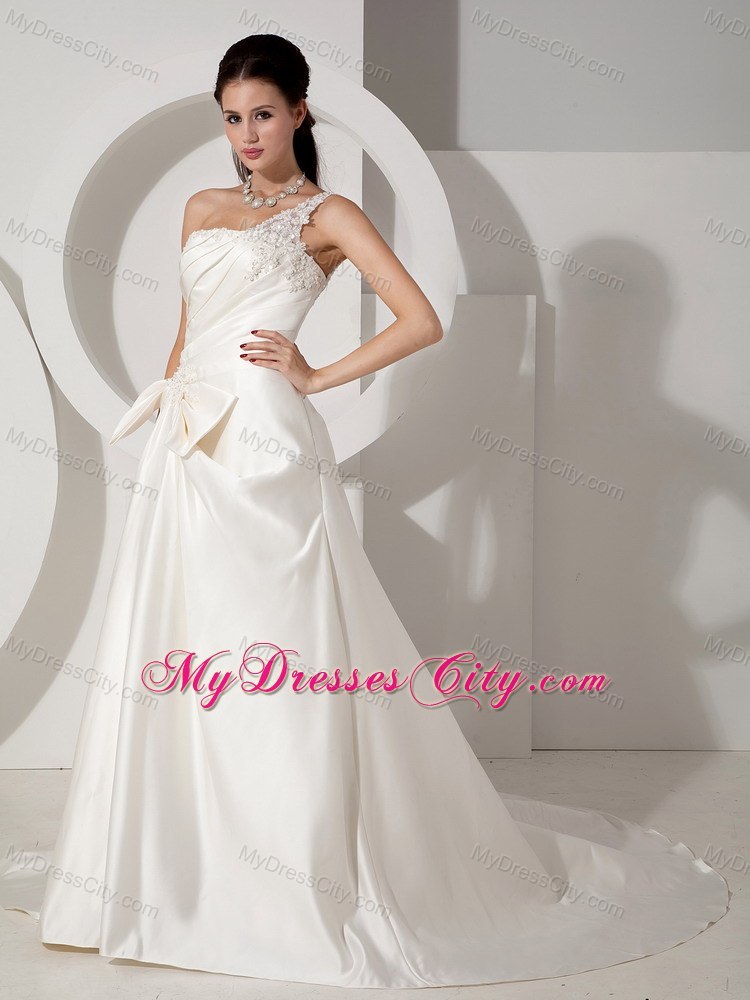 A-line Court Train Appliques and Ruching Wedding Dress with One Shoulder