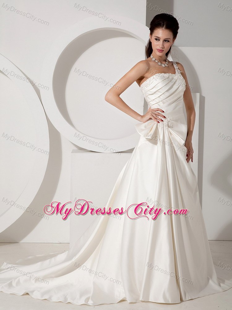 A-line Court Train Appliques and Ruching Wedding Dress with One Shoulder