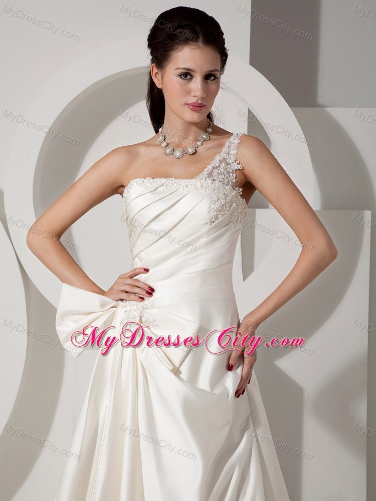 A-line Court Train Appliques and Ruching Wedding Dress with One Shoulder