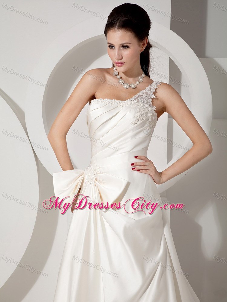 A-line Court Train Appliques and Ruching Wedding Dress with One Shoulder