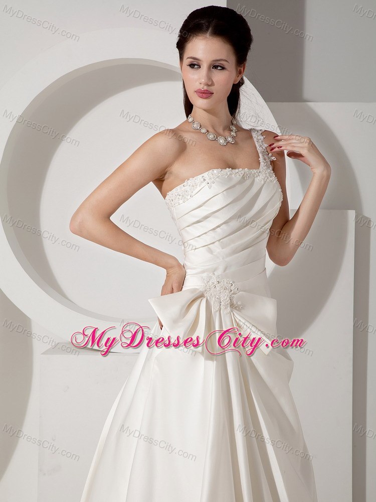 A-line Court Train Appliques and Ruching Wedding Dress with One Shoulder