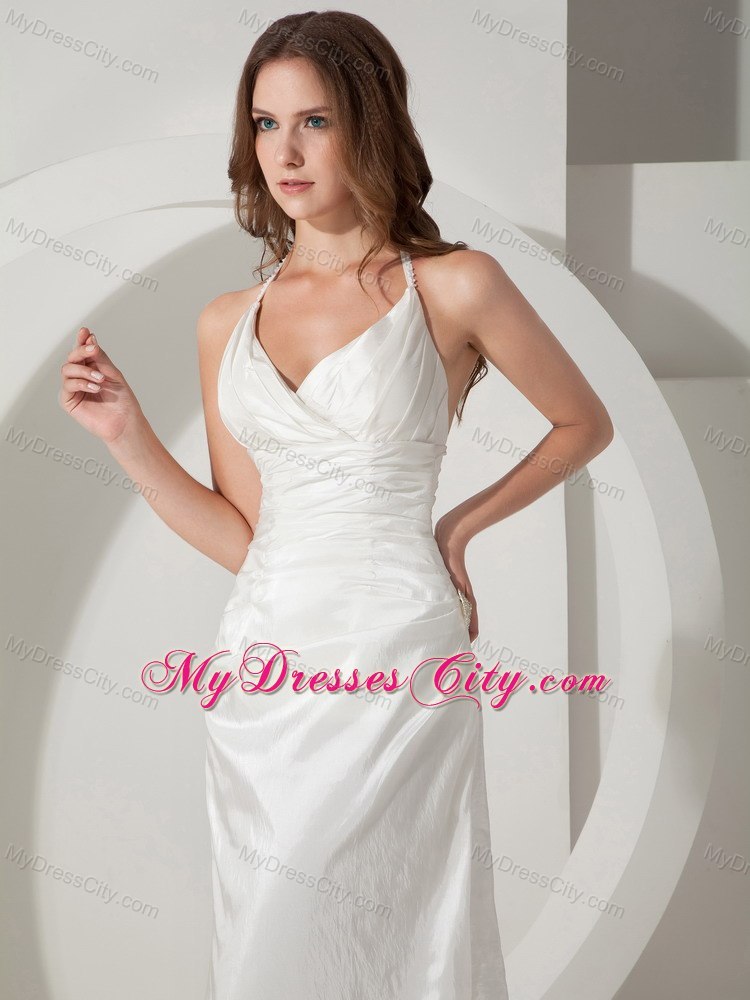 Fashion White Halter Top Sweep Train Ruching Bridal Gown Sleeveless