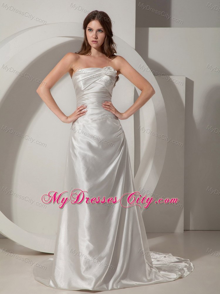 Strapless Ruched Column Wedding Dress with Handmade Flower Lace-up