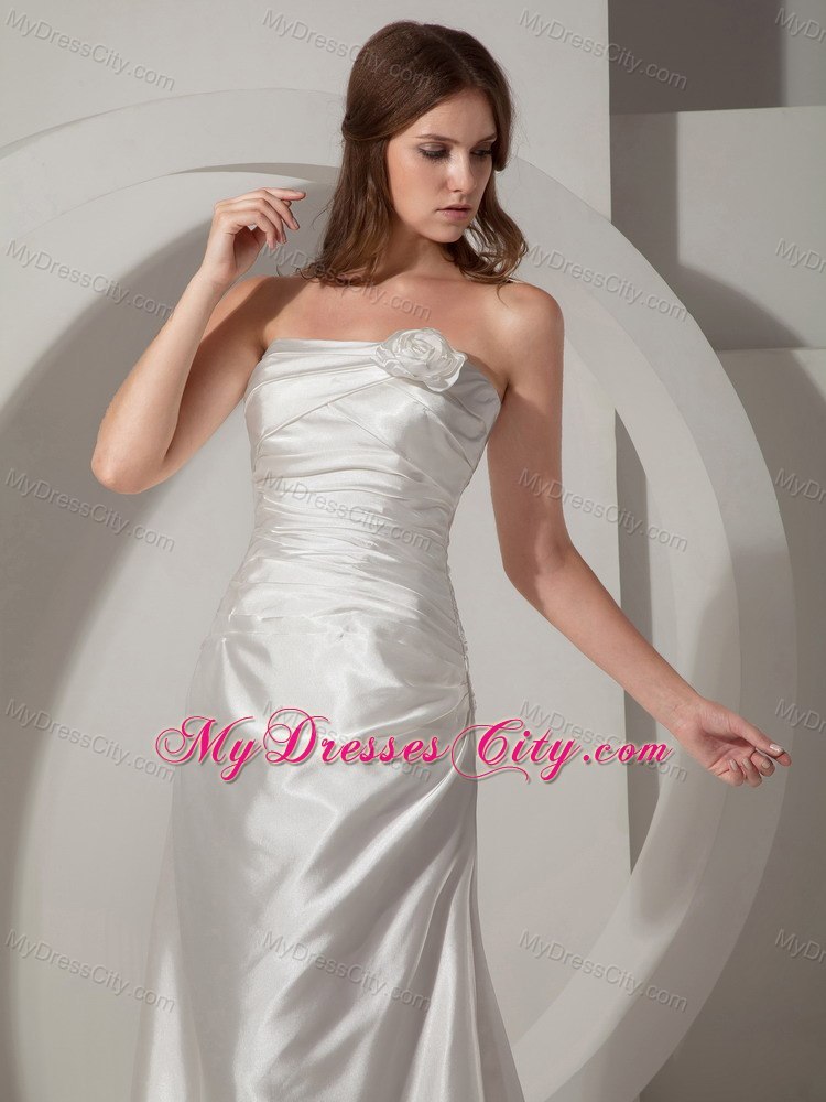 Strapless Ruched Column Wedding Dress with Handmade Flower Lace-up