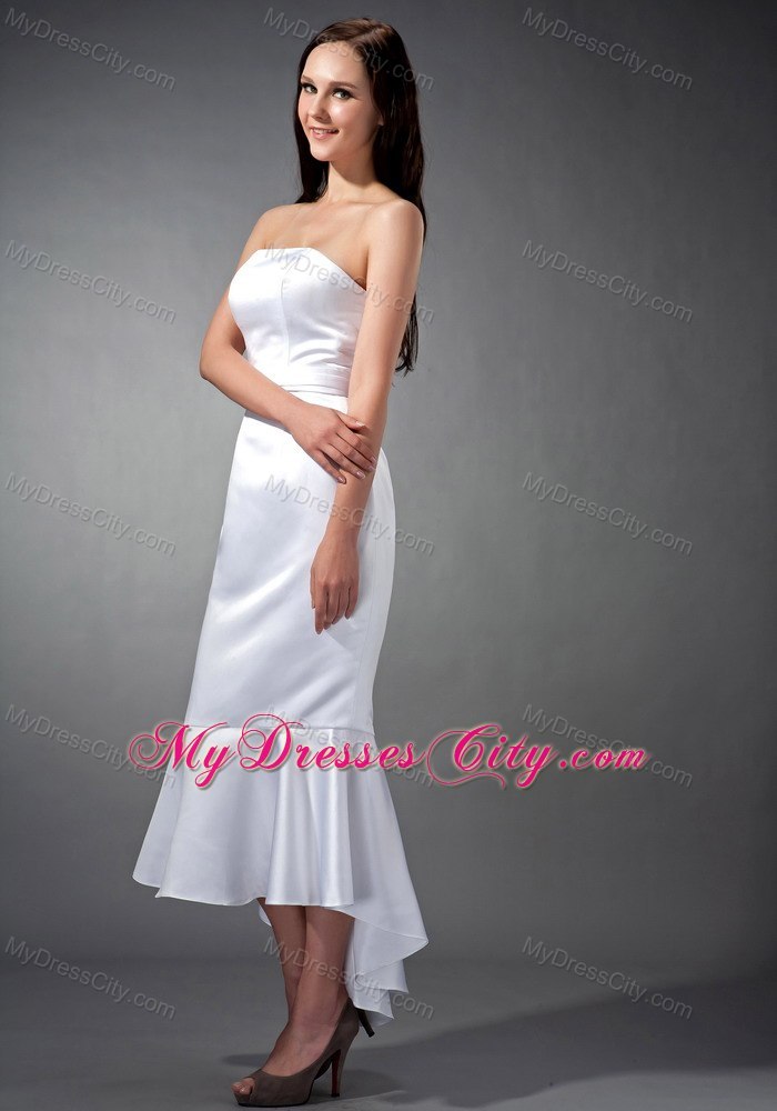 Mermaid White Strapless Tea-length Slinky Wedding Dress Zipper Back