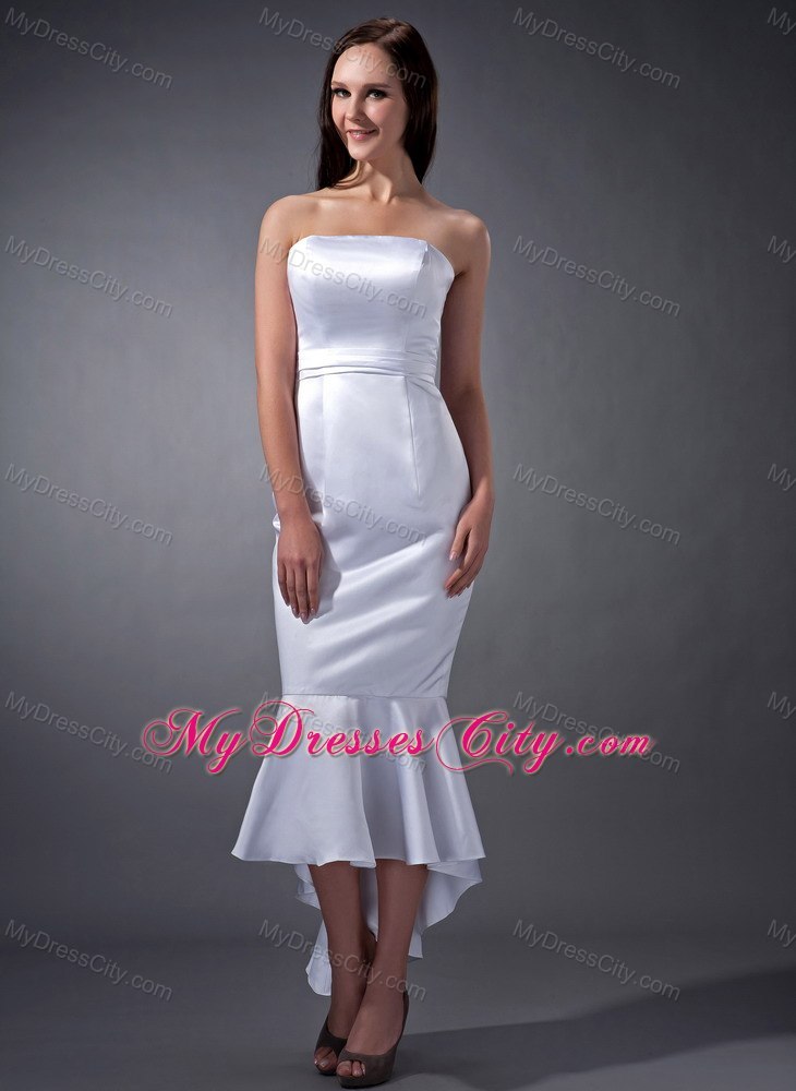 Mermaid White Strapless Tea-length Slinky Wedding Dress Zipper Back