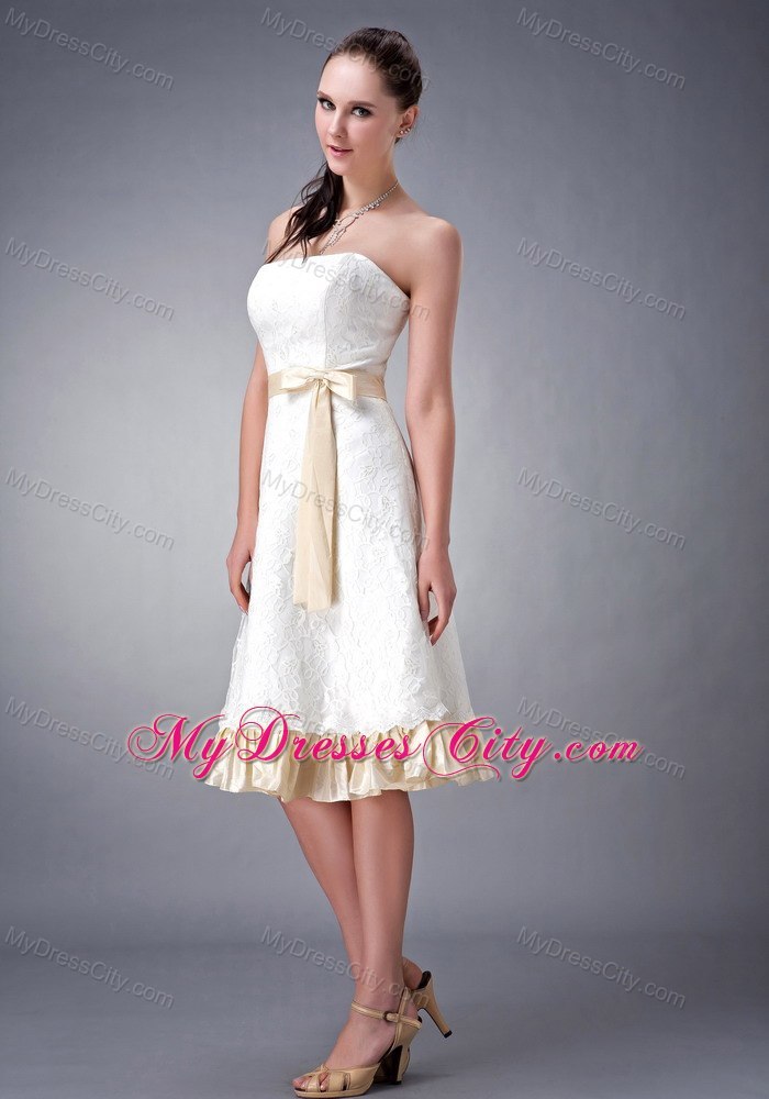 Strapless Short White and Champagne Princess Wedding Gown with Sash