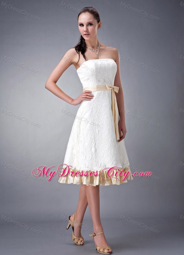 Strapless Short White and Champagne Princess Wedding Gown with Sash