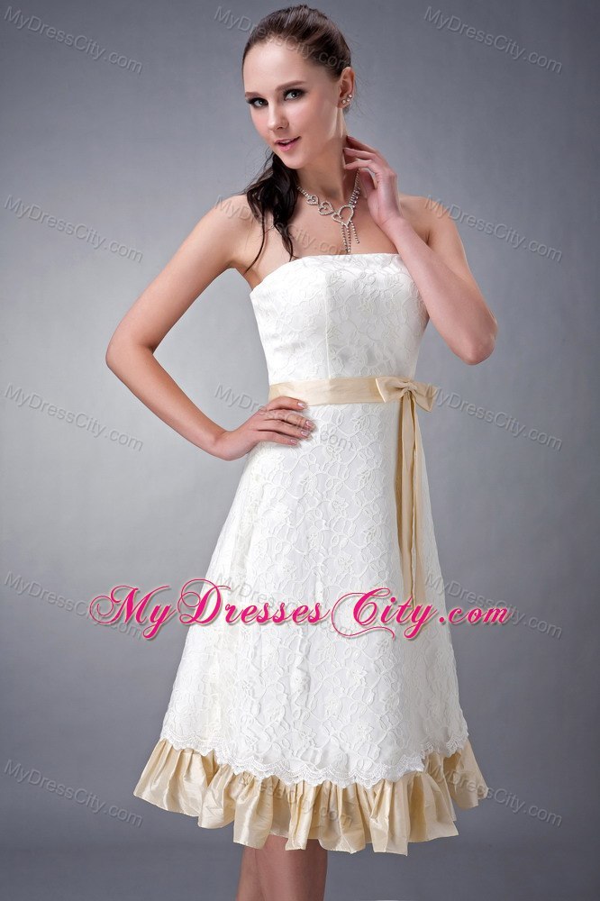 Strapless Short White and Champagne Princess Wedding Gown with Sash