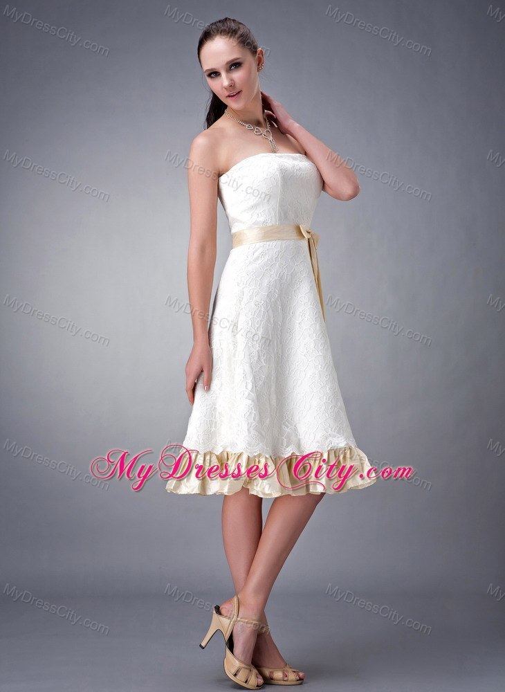 Strapless Short White and Champagne Princess Wedding Gown with Sash