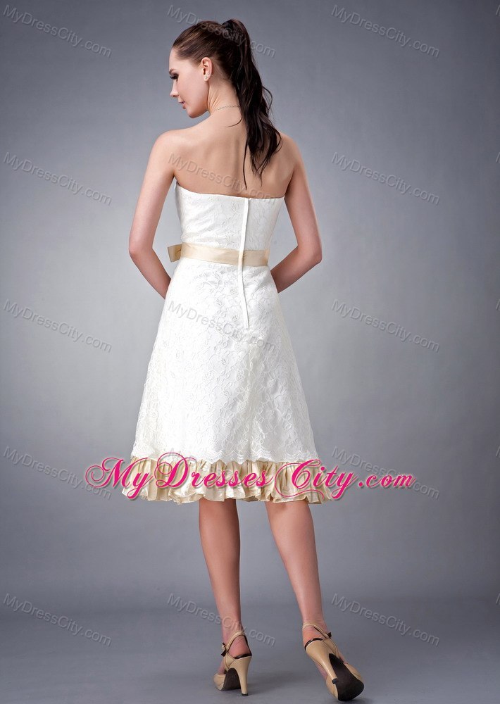 Strapless Short White and Champagne Princess Wedding Gown with Sash