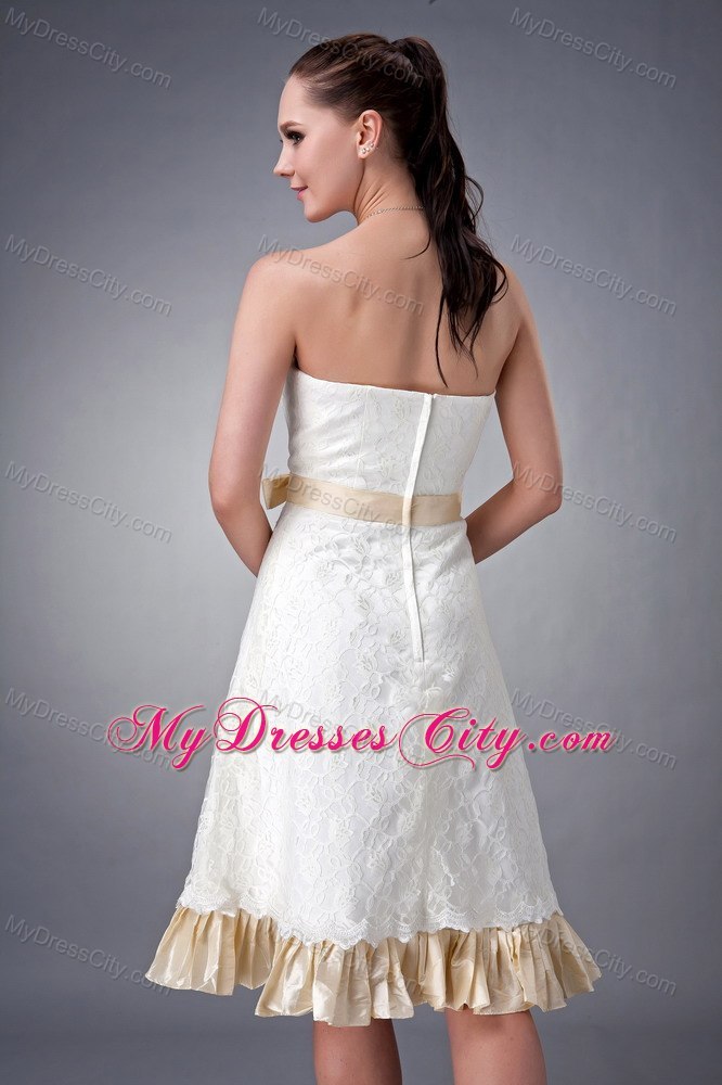 Strapless Short White and Champagne Princess Wedding Gown with Sash