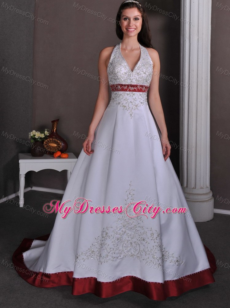 White A-line Halter Appliques Beaded Wedding Dress with Red Chapel Train