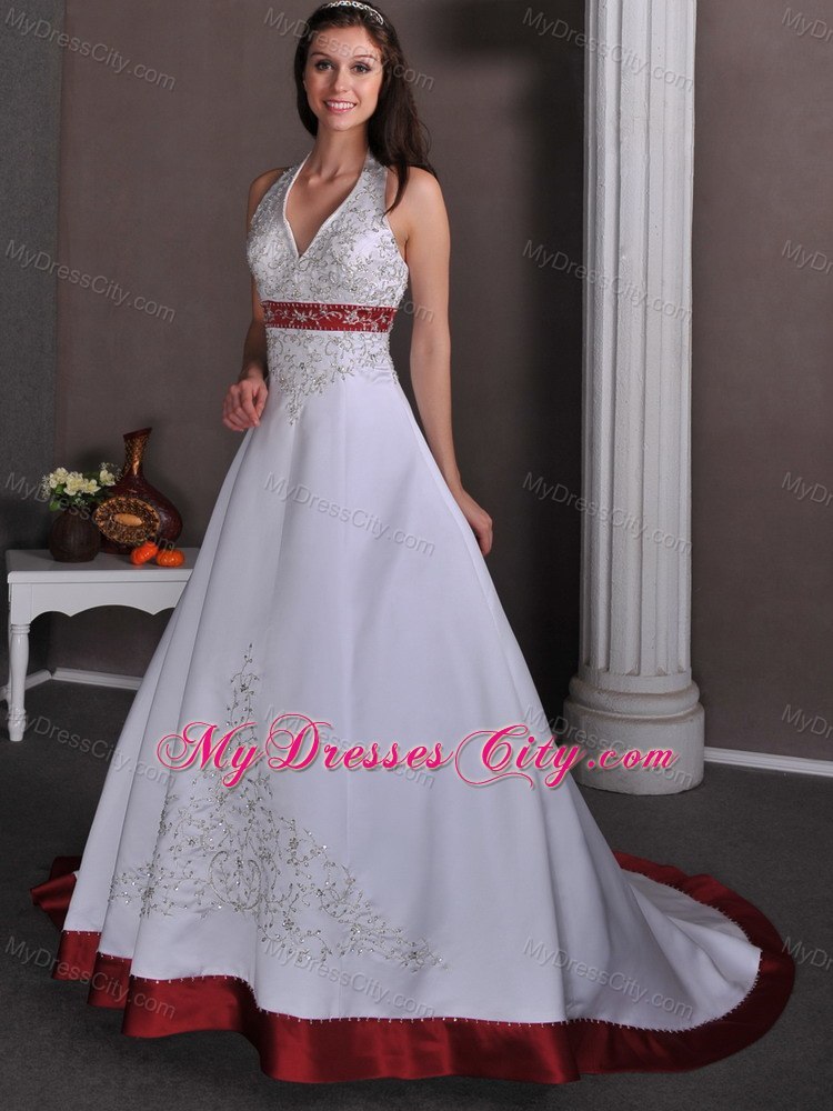 White A-line Halter Appliques Beaded Wedding Dress with Red Chapel Train