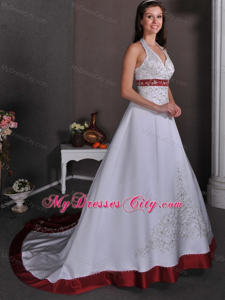 White A-line Halter Appliques Beaded Wedding Dress with Red Chapel Train