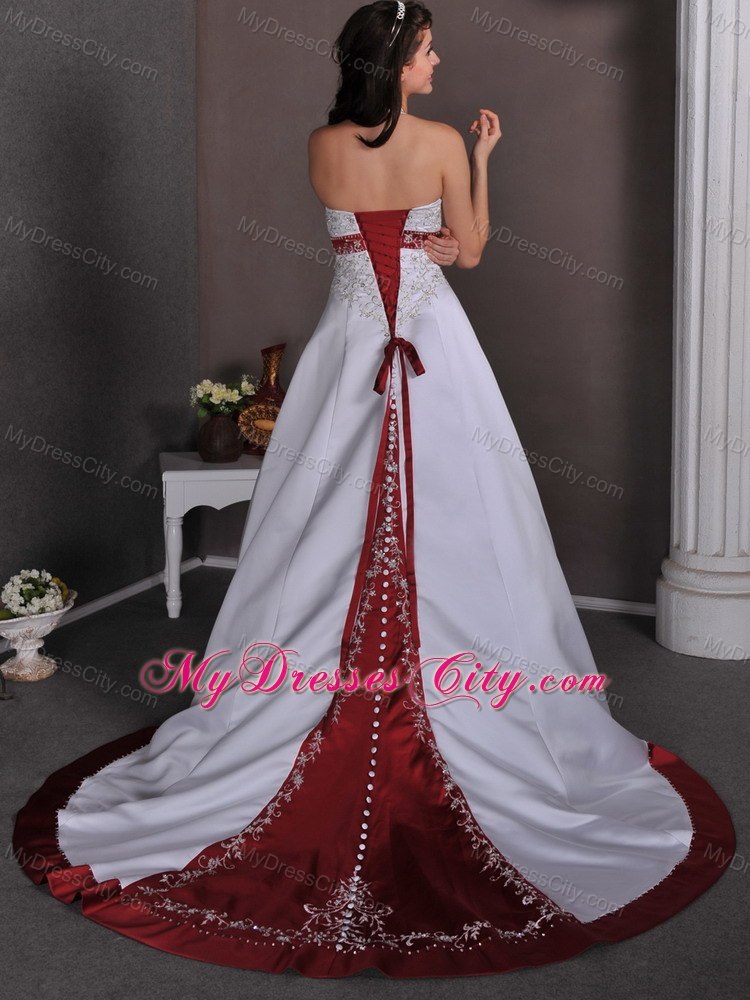 White A-line Halter Appliques Beaded Wedding Dress with Red Chapel Train