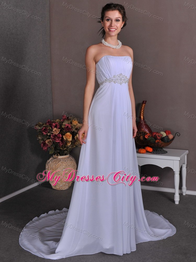 Unique Strapless Empire Court Train Chiffon Appliques Wedding Dress