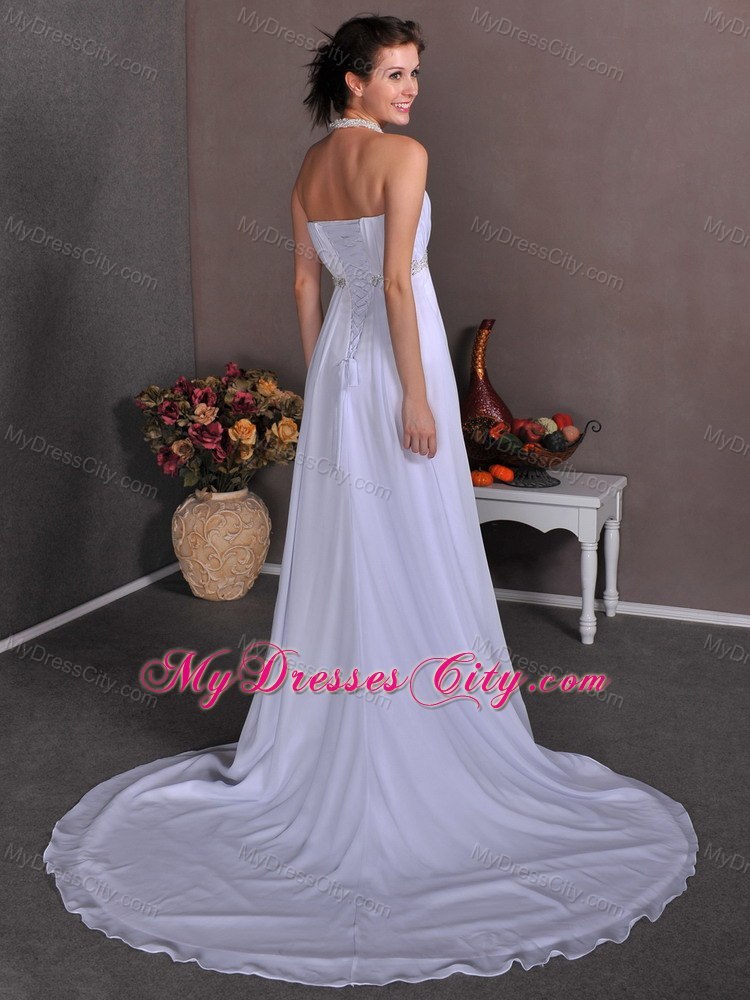 Unique Strapless Empire Court Train Chiffon Appliques Wedding Dress