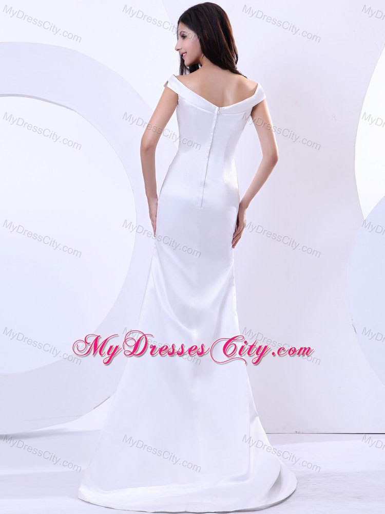 White Slinky V-neck Wide Straps Bridal Dress with Train on Promotion