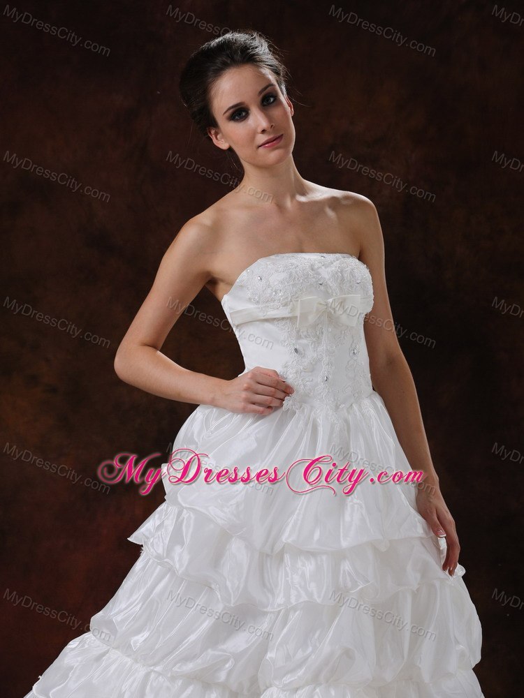 Tasty Beaded Strapless Chapel Train A-Line Wedding Dress with Ruffles